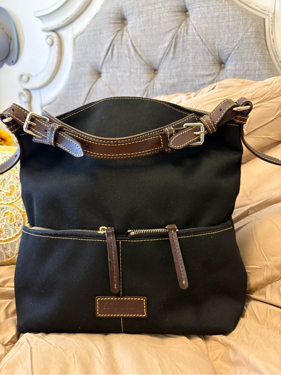 Dooney & Bourke Handbags - Dooney & Bourke Black Canvas Shoulder Bag with Brown Leather Trim